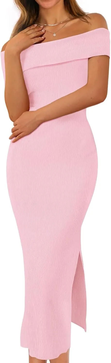 MEROKEETY Women's 2025 Off Shoulder Bodycon Midi Dress Summer Spring Formal Elegant Knit Sweater Dresses