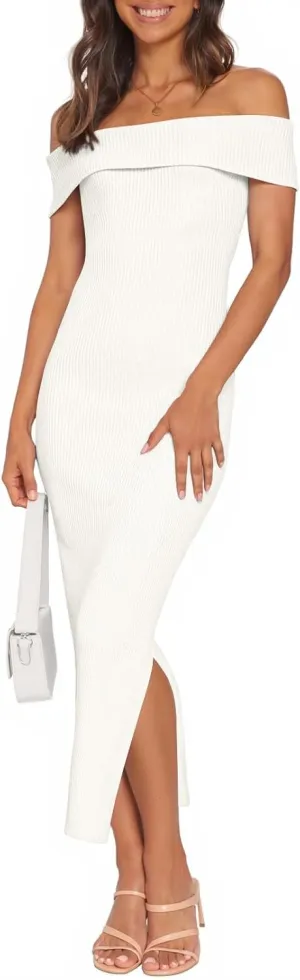 MEROKEETY Women's 2025 Off Shoulder Bodycon Midi Dress Summer Spring Formal Elegant Knit Sweater Dresses