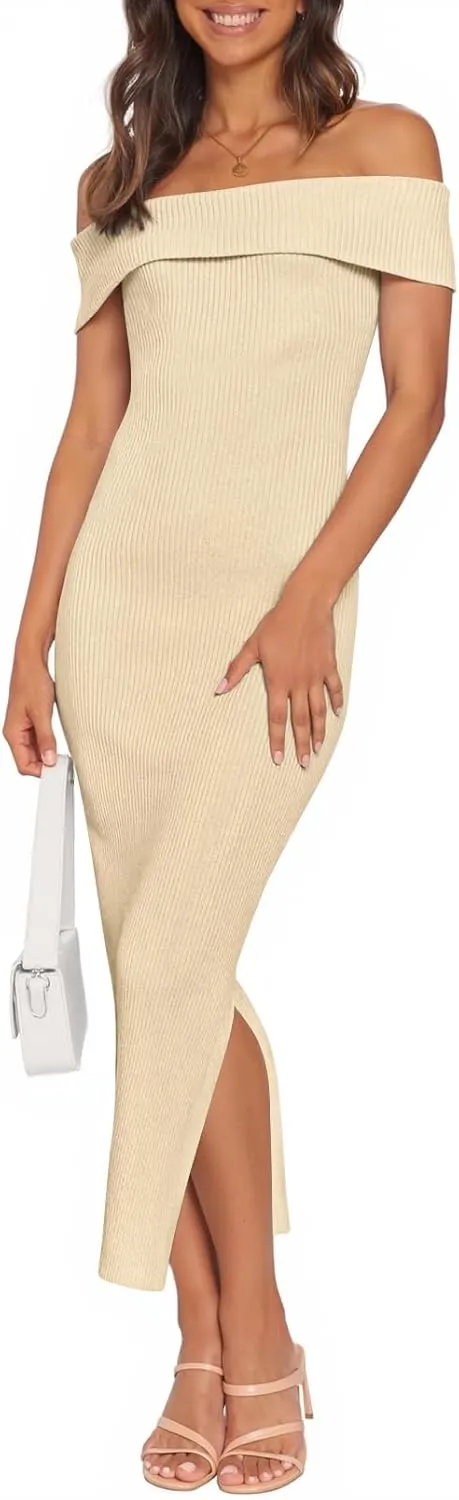 MEROKEETY Women's 2025 Off Shoulder Bodycon Midi Dress Summer Spring Formal Elegant Knit Sweater Dresses