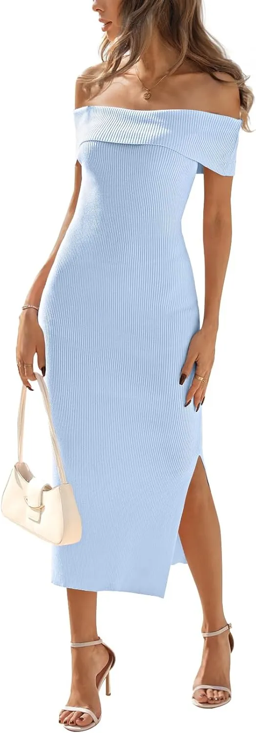 MEROKEETY Women's 2025 Off Shoulder Bodycon Midi Dress Summer Spring Formal Elegant Knit Sweater Dresses