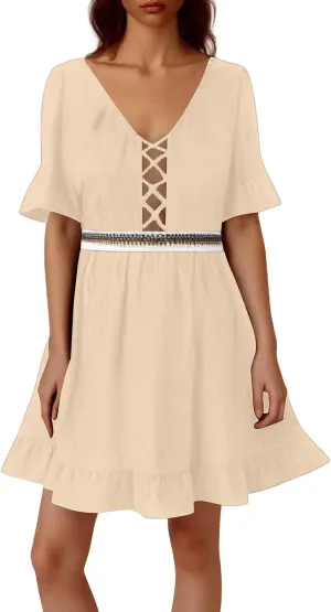 Mini Shift Dresses for Women 2025 Vintage Boho Hollow Out V Neck Short Sleeve A-Line Dress Wedding Bump Friendly Clothes
