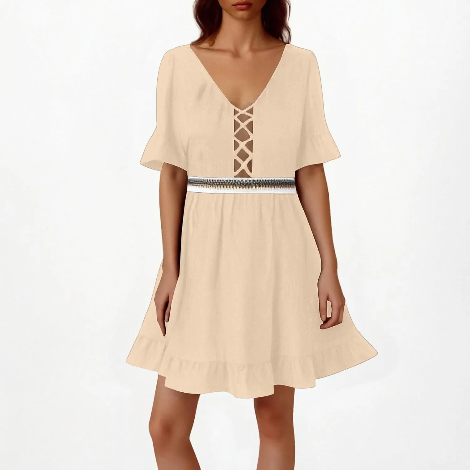Mini Shift Dresses for Women 2025 Vintage Boho Hollow Out V Neck Short Sleeve A-Line Dress Wedding Bump Friendly Clothes