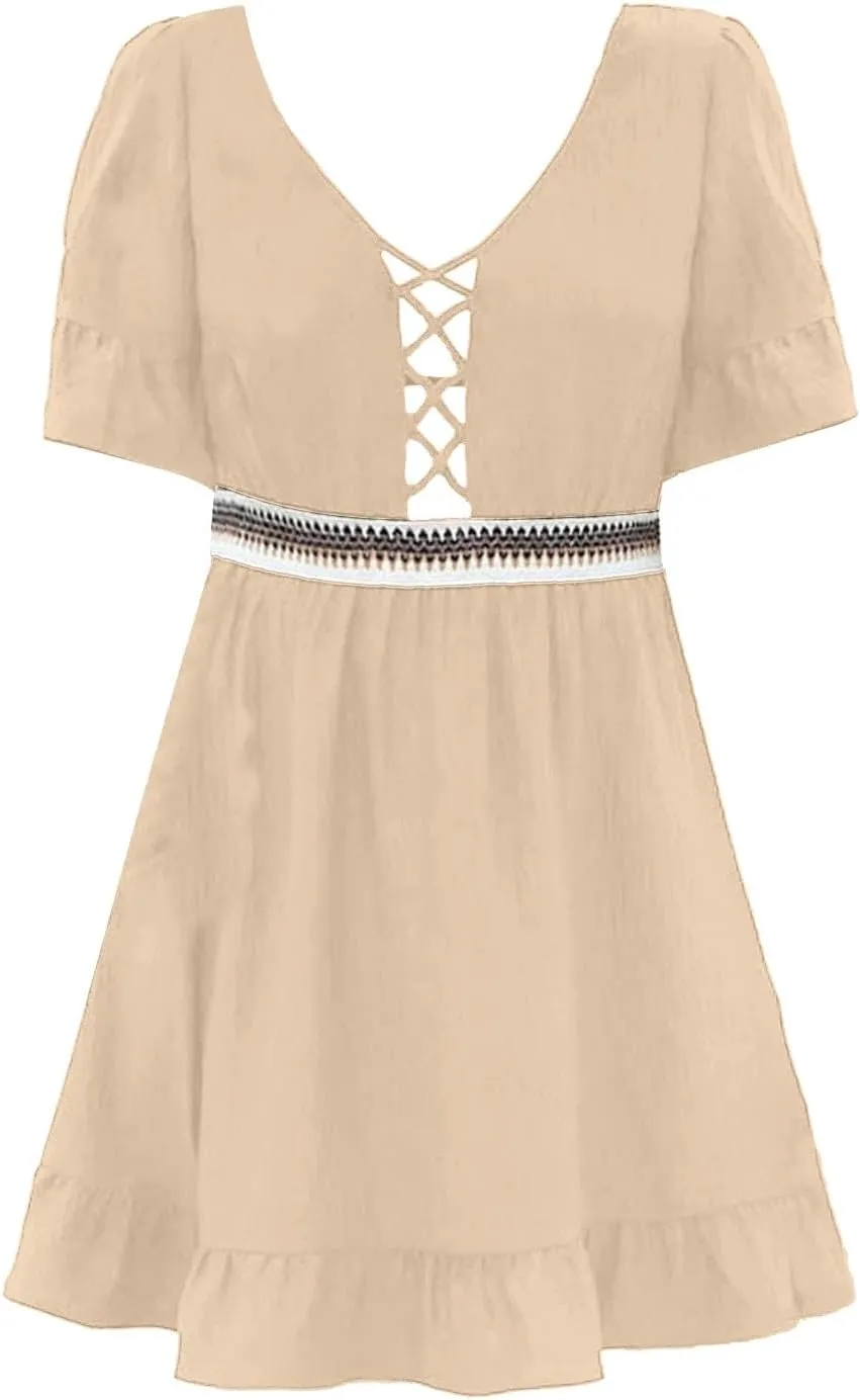Mini Shift Dresses for Women 2025 Vintage Boho Hollow Out V Neck Short Sleeve A-Line Dress Wedding Bump Friendly Clothes