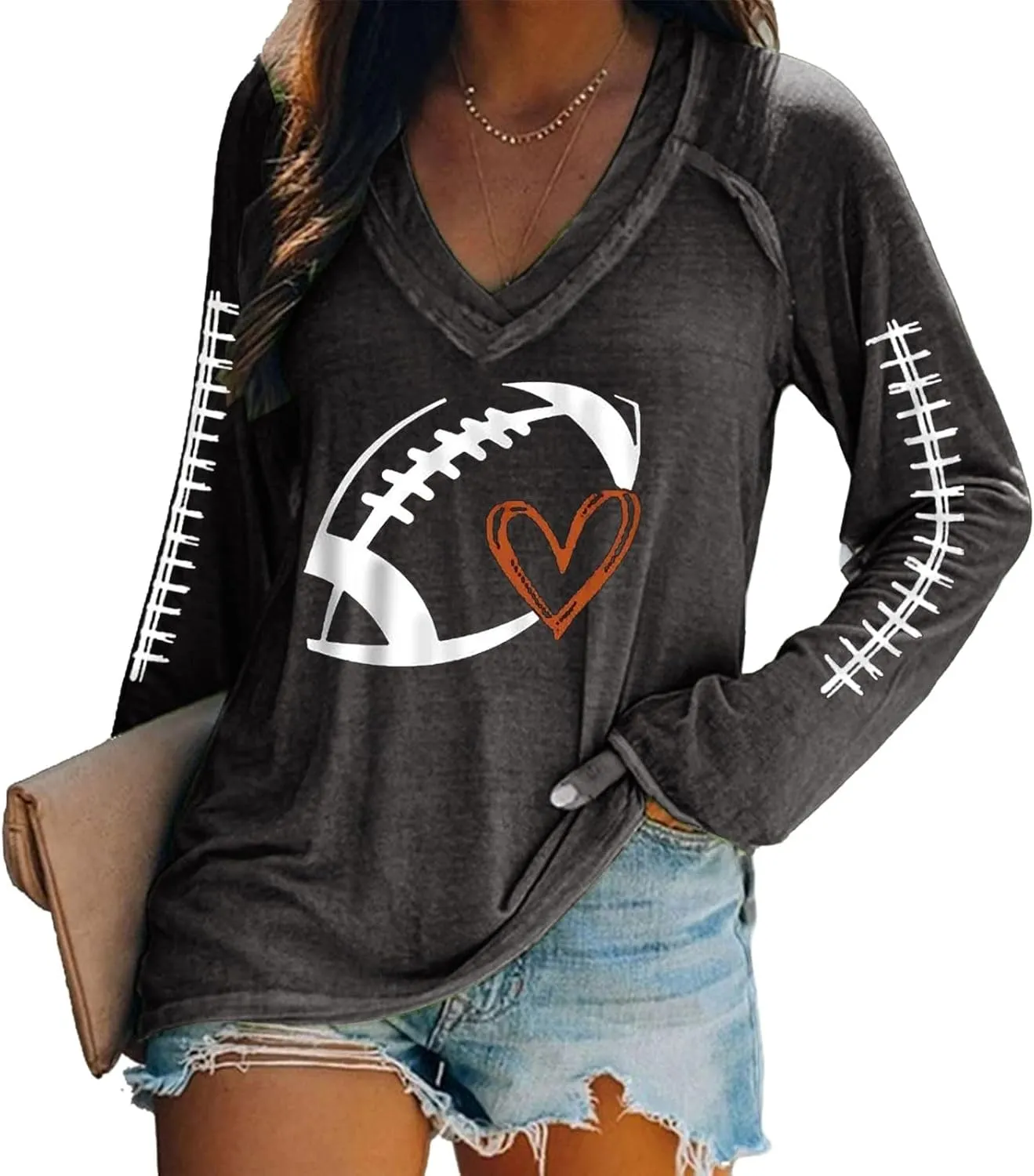Mmoneyake Football Sweatshirts for Women Game Day Heart Football Graphic Hoodies Pullover Crew Neck Long Sleeve Mom Shirts