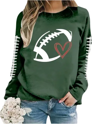 Mmoneyake Football Sweatshirts for Women Game Day Heart Football Graphic Hoodies Pullover Crew Neck Long Sleeve Mom Shirts