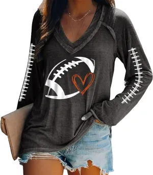 Mmoneyake Football Sweatshirts for Women Game Day Heart Football Graphic Hoodies Pullover Crew Neck Long Sleeve Mom Shirts