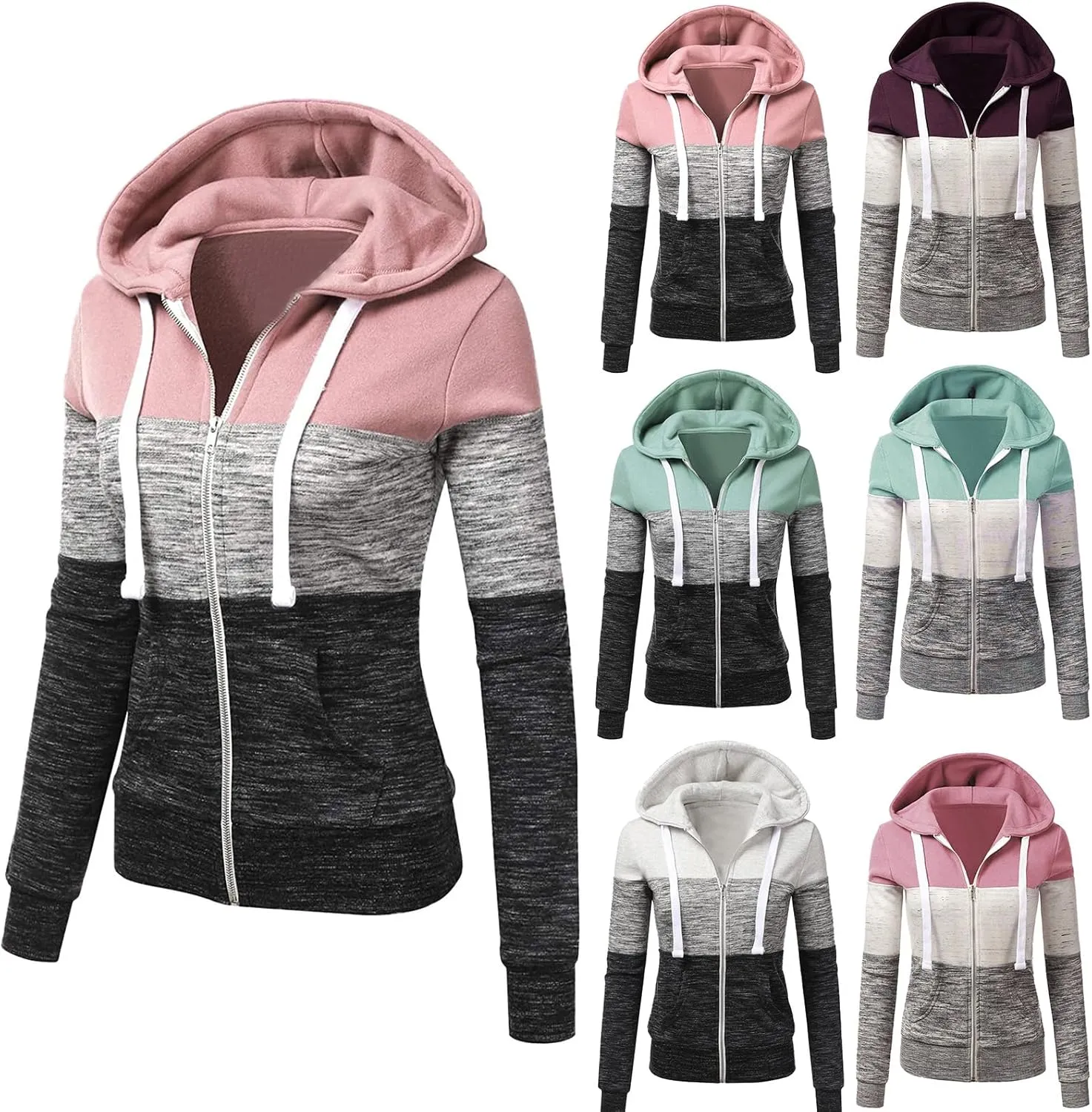 Mmoneyake Women Hoodies with Zipper Color Block Hoodie Zip-Up Jersey Jacket Long Sleeve Comfortable Lightweight Sweatshirt