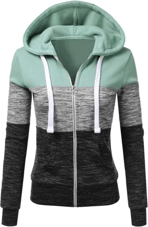 Mmoneyake Women Hoodies with Zipper Color Block Hoodie Zip-Up Jersey Jacket Long Sleeve Comfortable Lightweight Sweatshirt