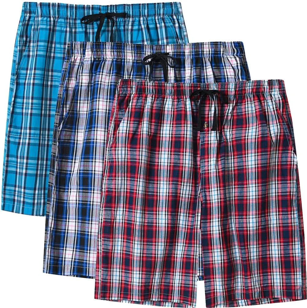 MoFiz Men's Sleepwear Shorts Pajama Bottom Lounge Short Plaid Button Open Fly 3Pack