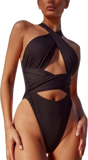 Monokini Swimsuits for Women Color Block Slimming Swimsuits Halter Push up Bathing Suits Retro Ruched Swimwear