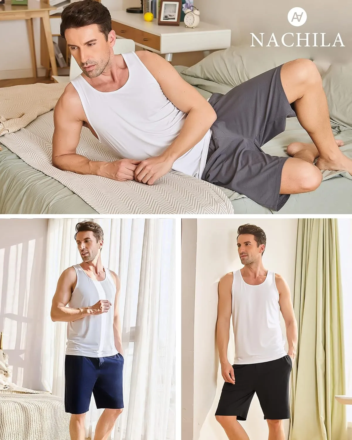 NACHILA Men's 2 Pack Pajama Shorts Sleep Shorts Soft Pajama Bottoms Comfy Lounge Short,Viscose Made from Bamboo