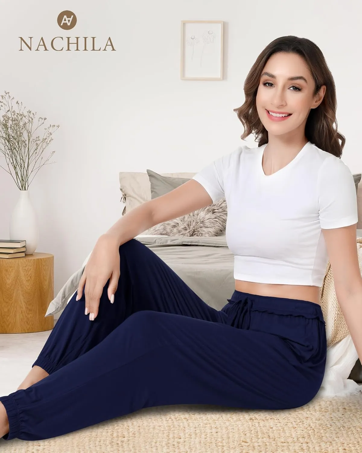 NACHILA Pajama Pants for Women-Viscose Made from Bamboo, Joggers Pants with Pockets Tapered Sweatpants Stretchy Lounge Pants