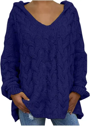 Oversized Sweaters Womens Chunky Cable Knit Pullover Hooded Sweaters V Neck Long Sleeve Loose Hoodies Knitwear Clothes