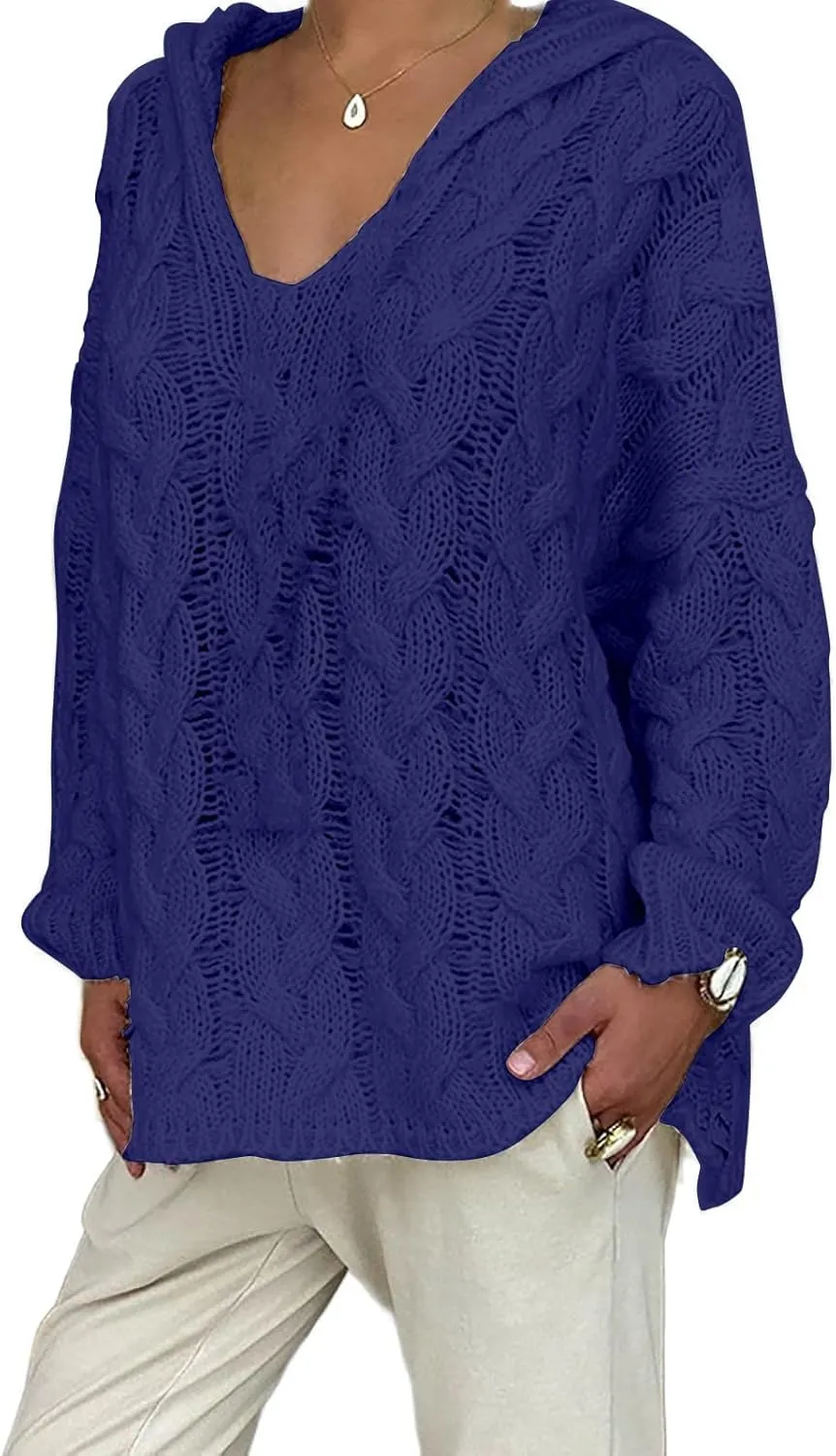 Oversized Sweaters Womens Chunky Cable Knit Pullover Hooded Sweaters V Neck Long Sleeve Loose Hoodies Knitwear Clothes