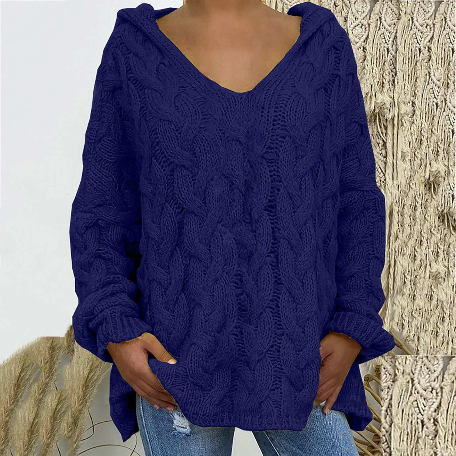 Oversized Sweaters Womens Chunky Cable Knit Pullover Hooded Sweaters V Neck Long Sleeve Loose Hoodies Knitwear Clothes