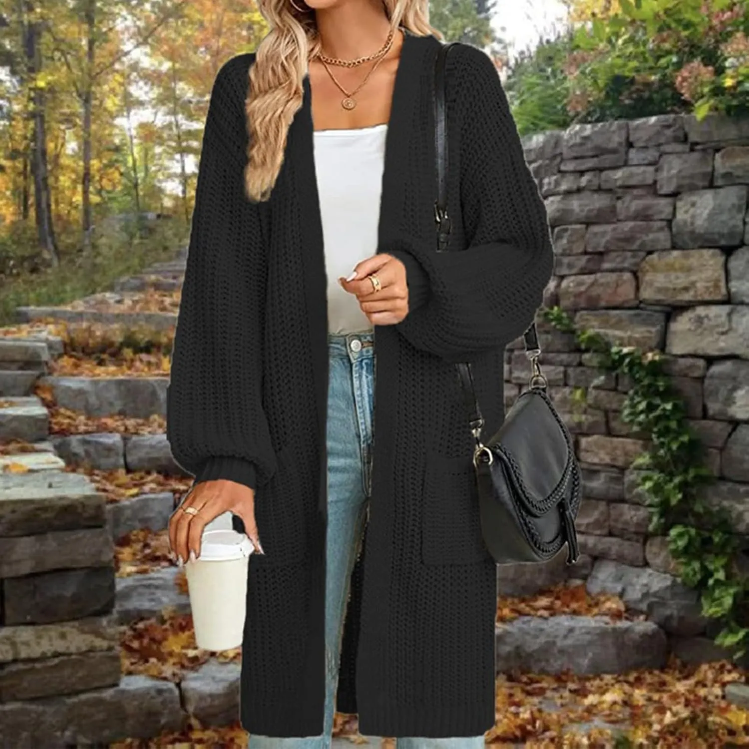 Plus Size Cardigan for Women Knit Lightweight Open Front Chunky Sweater Casual Long Sleeve Jacket Coat with Pockets