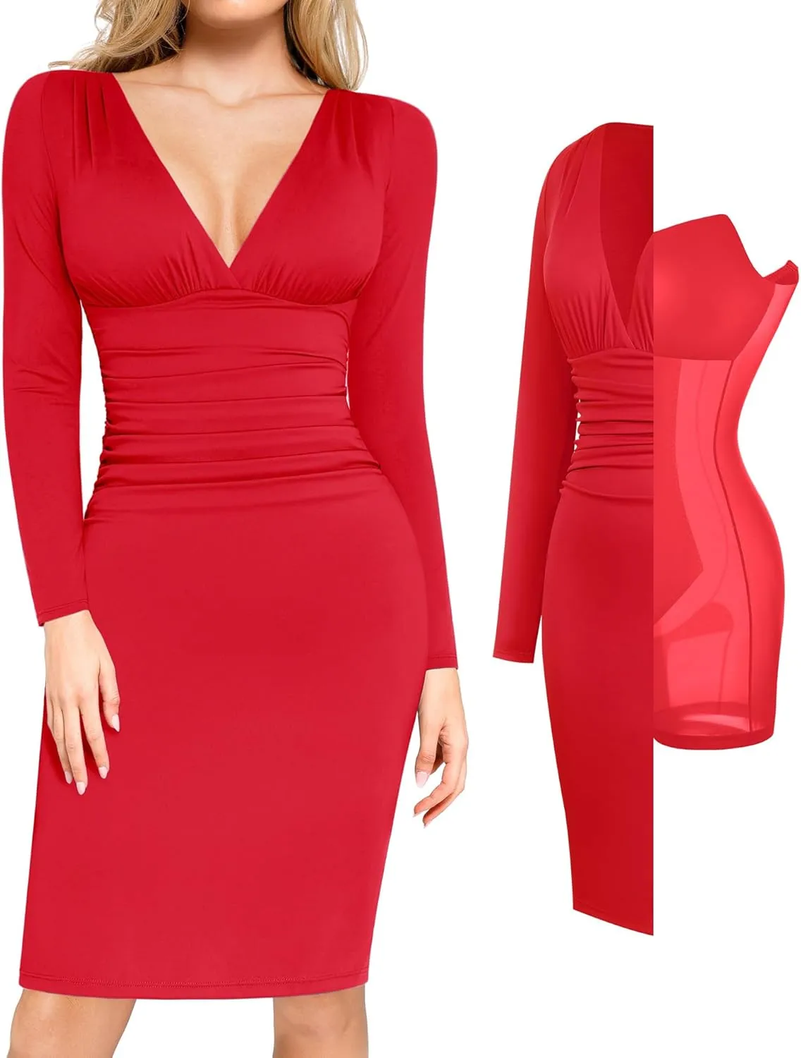 Popilush Long Sleeve Bodycon Dress Shapewear Dress V Neck Ruched Midi Party Cocktail Dresses