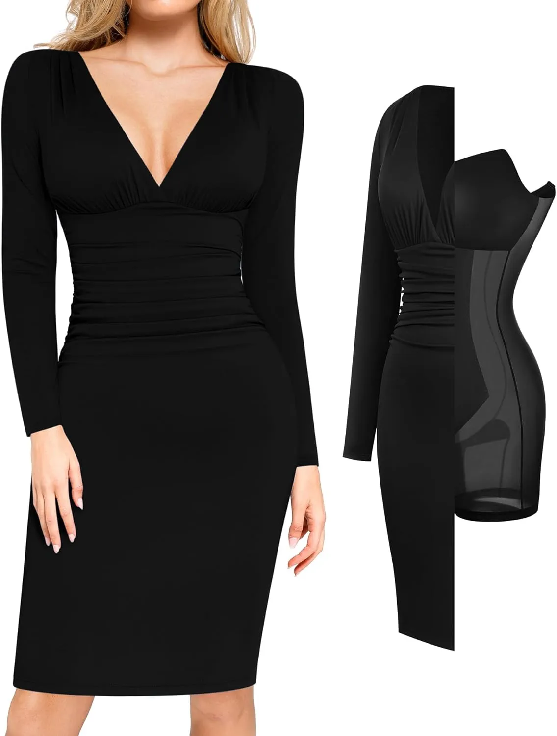 Popilush Long Sleeve Bodycon Dress Shapewear Dress V Neck Ruched Midi Party Cocktail Dresses