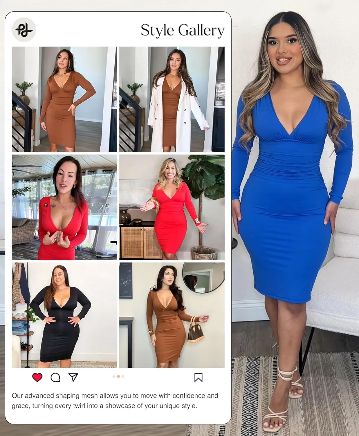 Popilush Long Sleeve Bodycon Dress Shapewear Dress V Neck Ruched Midi Party Cocktail Dresses