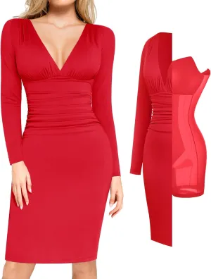 Popilush Long Sleeve Bodycon Dress Shapewear Dress V Neck Ruched Midi Party Cocktail Dresses