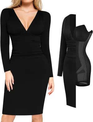 Popilush Long Sleeve Bodycon Dress Shapewear Dress V Neck Ruched Midi Party Cocktail Dresses