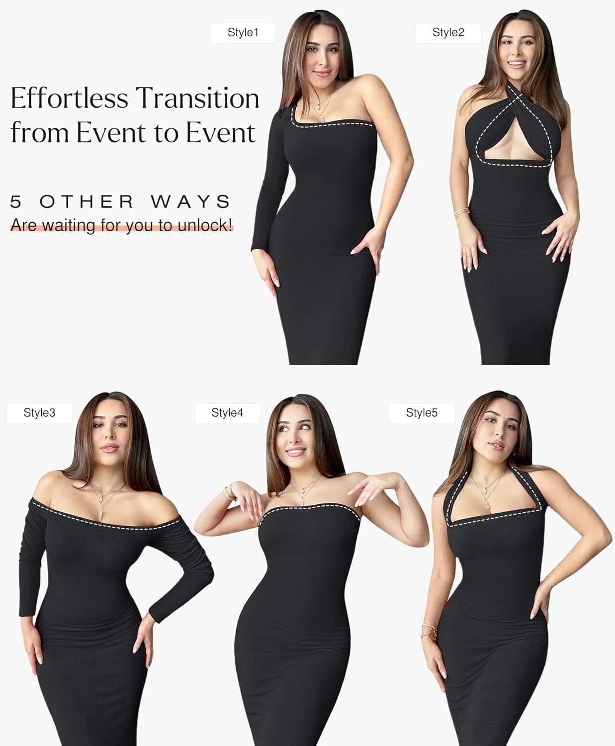 Popilush Long Sleeve Maxi Dress Bodycon Cocktail Dress Shapewear Tummy Control Fall Formal Dresses Built-in Bra