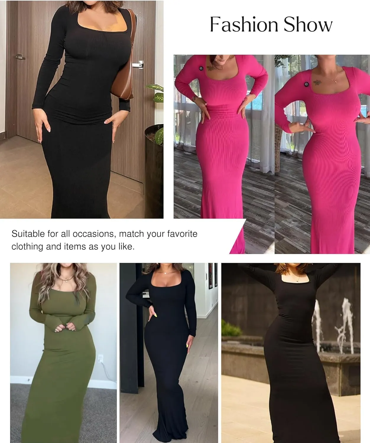 Popilush Long Sleeve Maxi Dress Bodycon Cocktail Dress Shapewear Tummy Control Fall Formal Dresses Built-in Bra