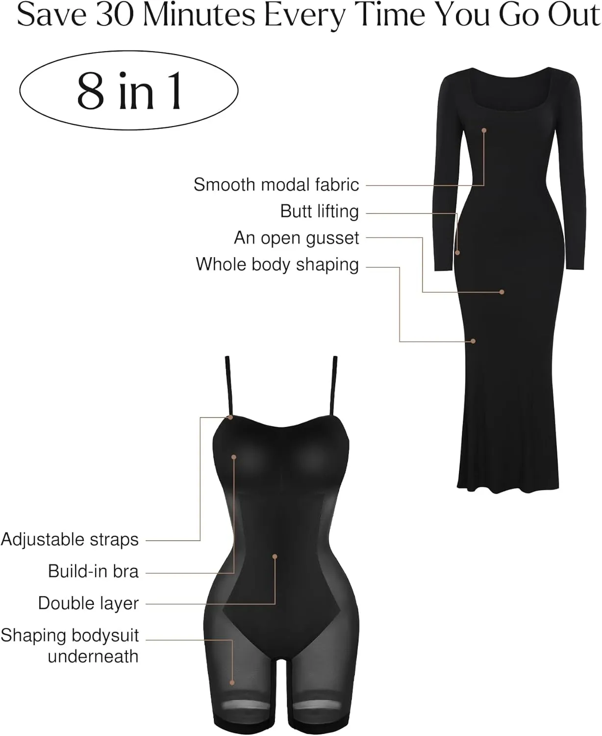 Popilush Long Sleeve Maxi Dress Bodycon Cocktail Dress Shapewear Tummy Control Fall Formal Dresses Built-in Bra