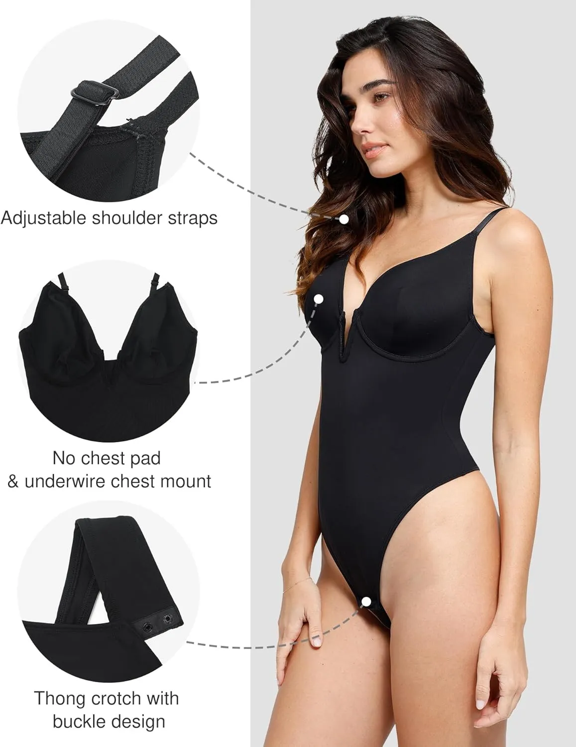 Popilush Shapewear Body Suits for Womens - Tummy Control Bodysuits for Women Deep V Corset Tops Thong Body Shaper