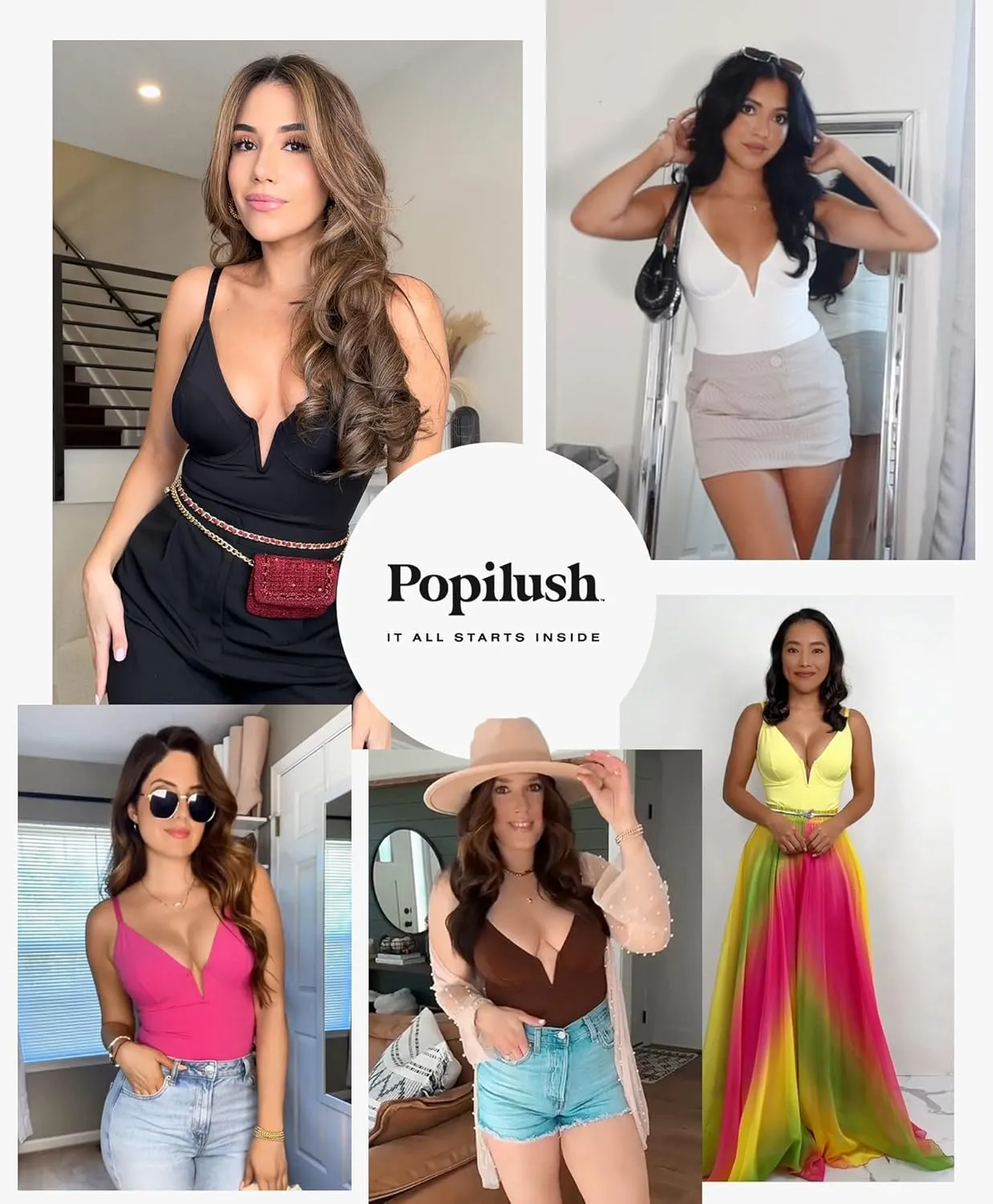 Popilush Shapewear Body Suits for Womens - Tummy Control Bodysuits for Women Deep V Corset Tops Thong Body Shaper