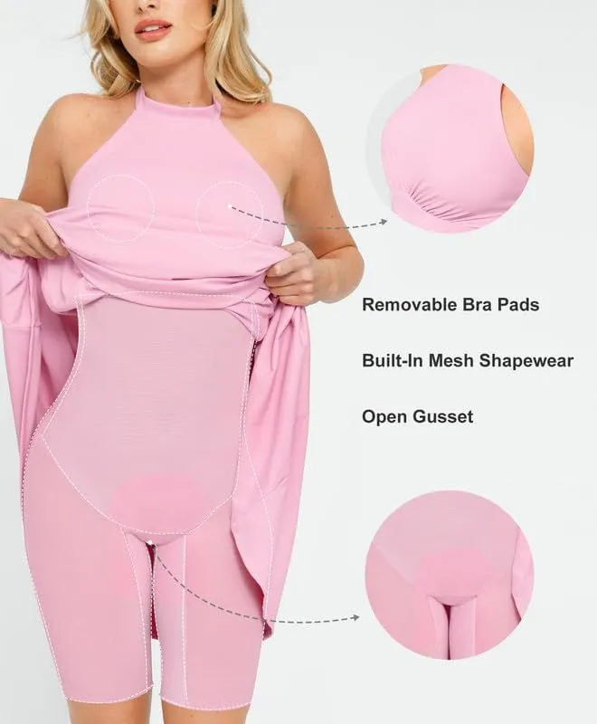 Popilush Shapewear Dress Built in Bra Halter Neck Sleeveless Backless A-Line Wedding Guest Midi Dresses for Women
