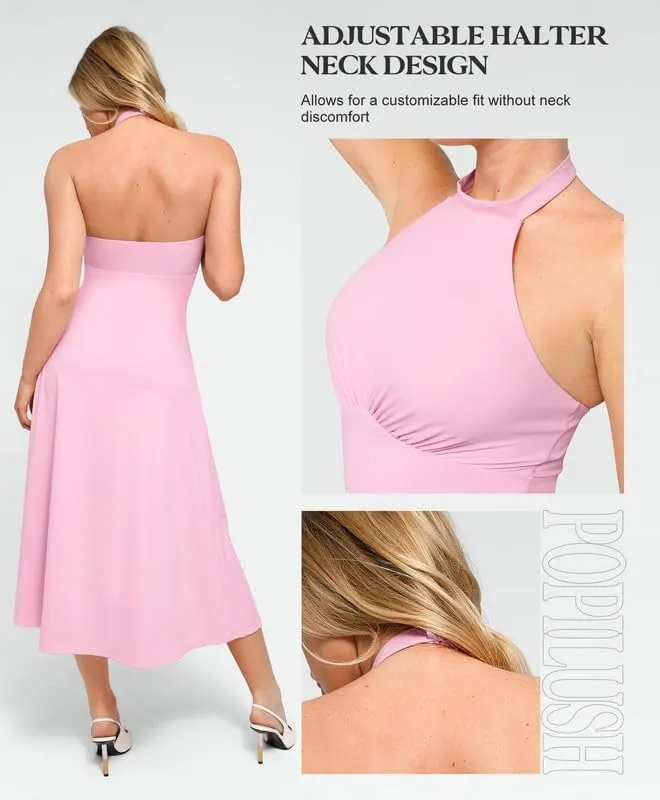 Popilush Shapewear Dress Built in Bra Halter Neck Sleeveless Backless A-Line Wedding Guest Midi Dresses for Women
