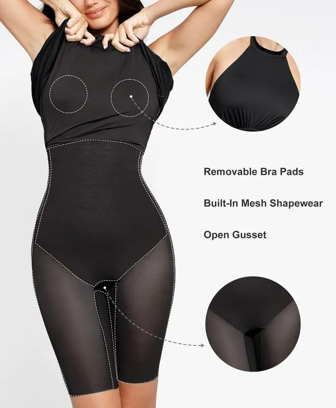 Popilush Shapewear Dress Built in Bra Halter Neck Sleeveless Backless A-Line Wedding Guest Midi Dresses for Women