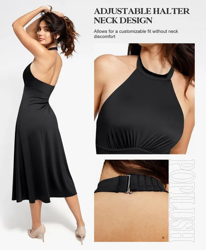 Popilush Shapewear Dress Built in Bra Halter Neck Sleeveless Backless A-Line Wedding Guest Midi Dresses for Women