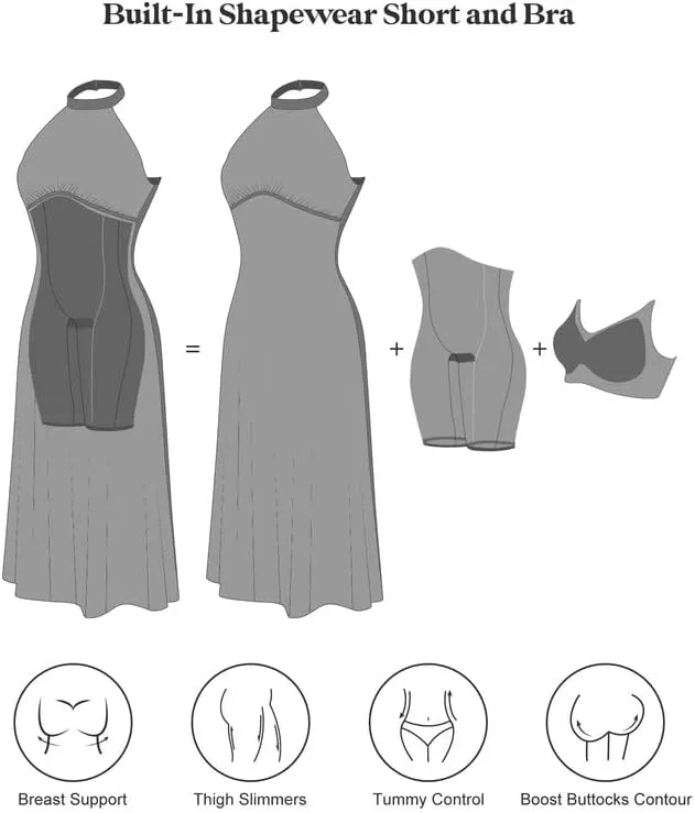 Popilush Shapewear Dress Built in Bra Halter Neck Sleeveless Backless A-Line Wedding Guest Midi Dresses for Women