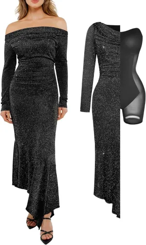 Popilush Sparkly Dresses for Women Long Sleeve Off The Shoulder Cocktail Dresses Bodycon Shapewear Mermaid Dress