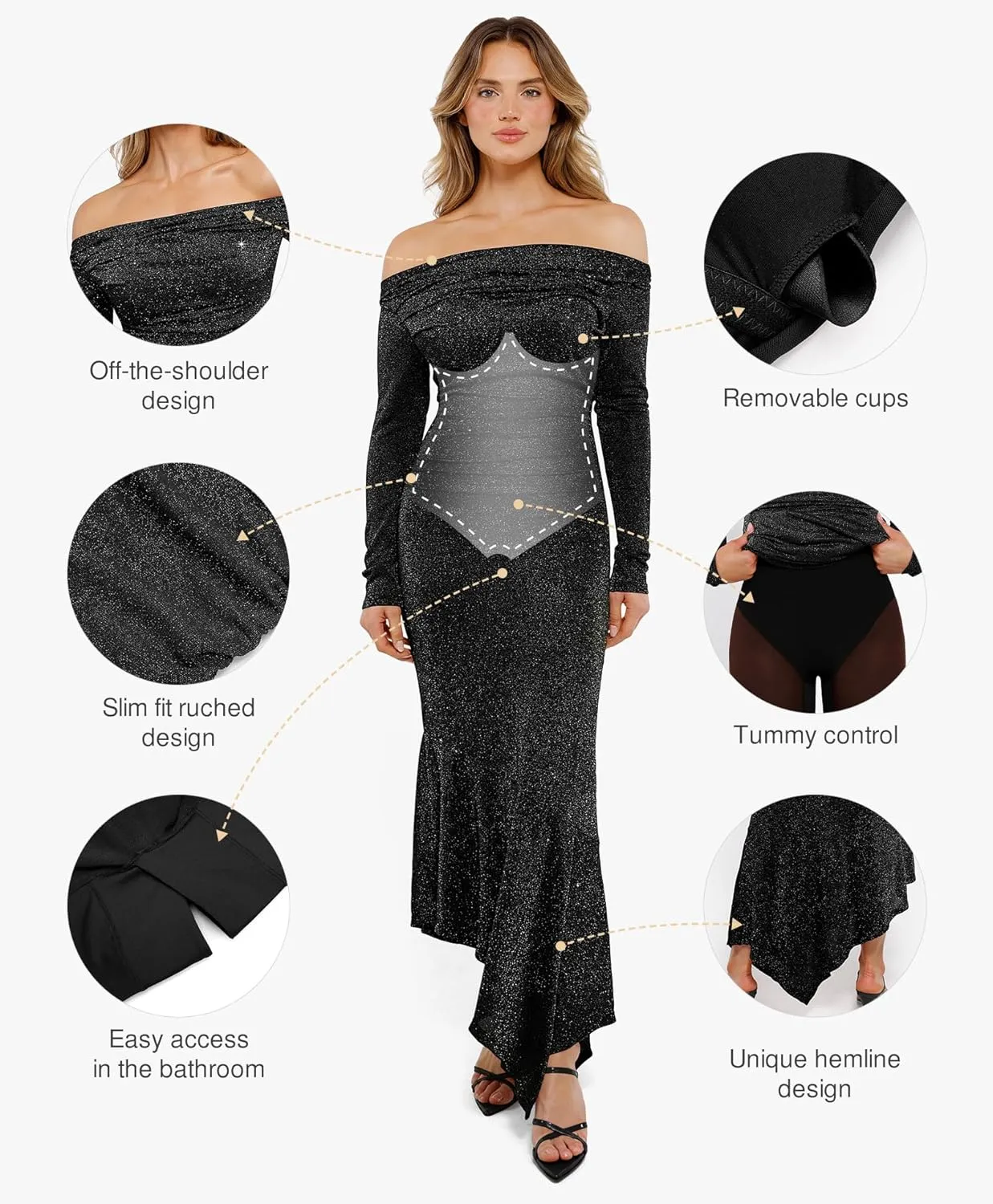 Popilush Sparkly Dresses for Women Long Sleeve Off The Shoulder Cocktail Dresses Bodycon Shapewear Mermaid Dress