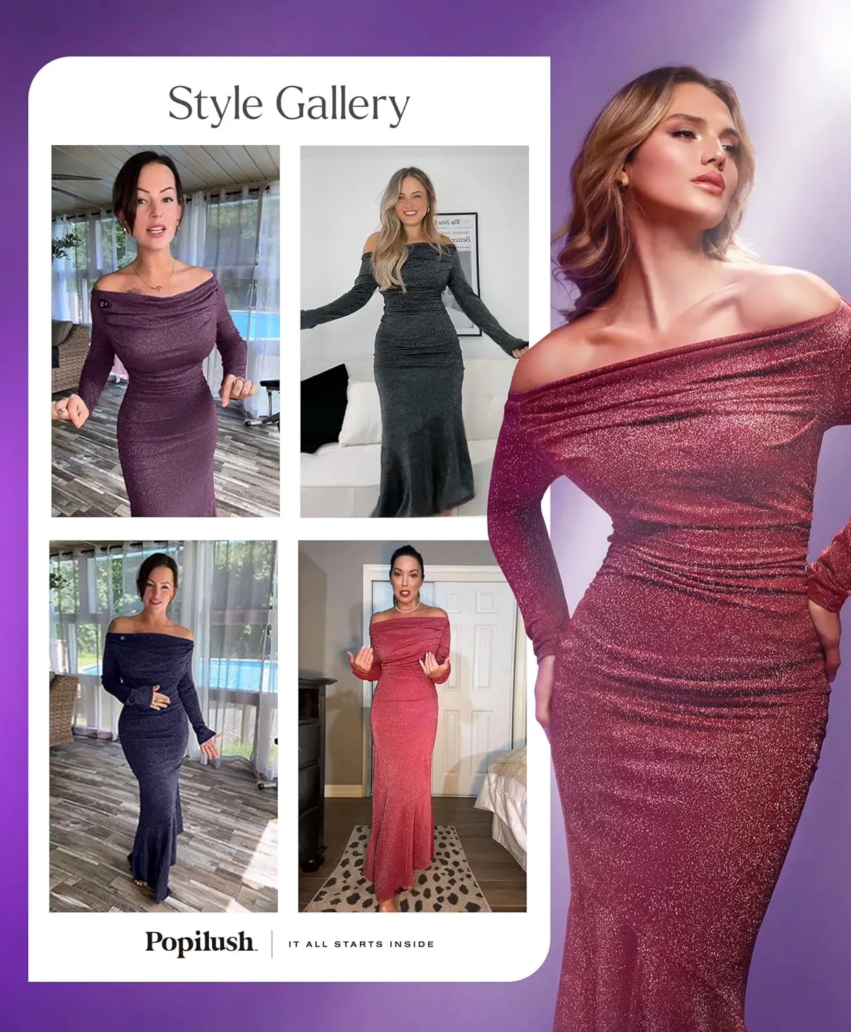 Popilush Sparkly Dresses for Women Long Sleeve Off The Shoulder Cocktail Dresses Bodycon Shapewear Mermaid Dress