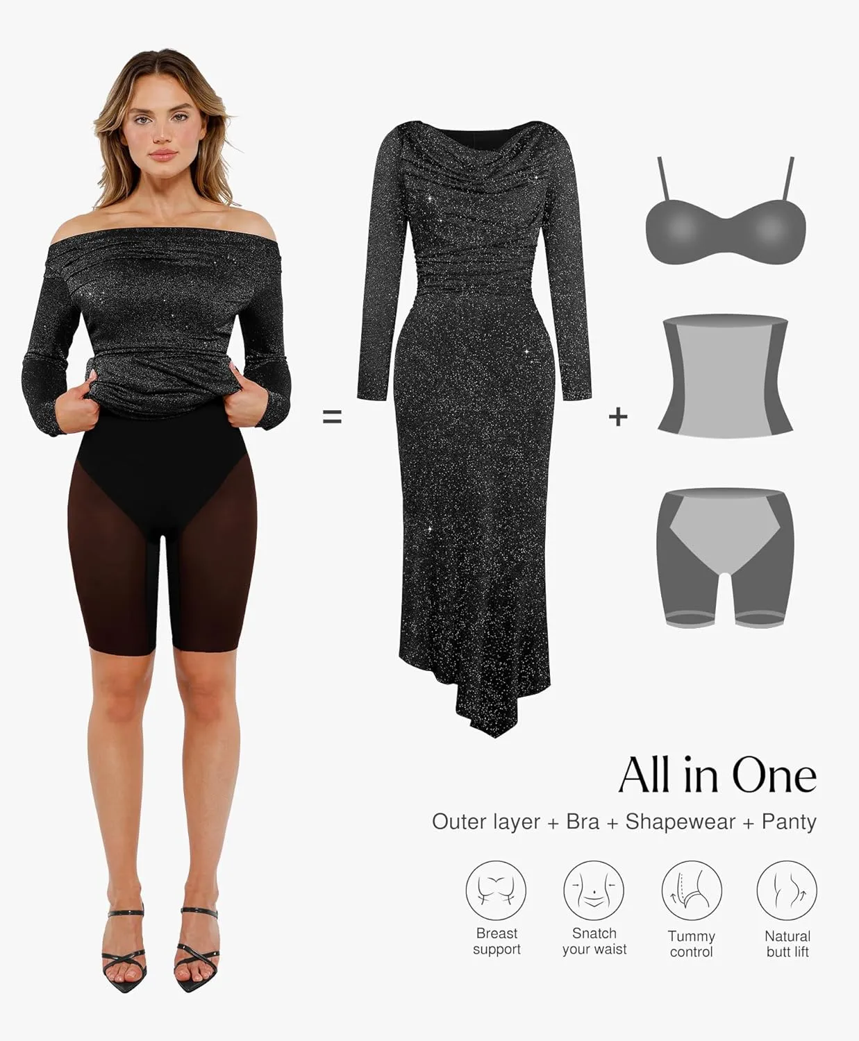 Popilush Sparkly Dresses for Women Long Sleeve Off The Shoulder Cocktail Dresses Bodycon Shapewear Mermaid Dress