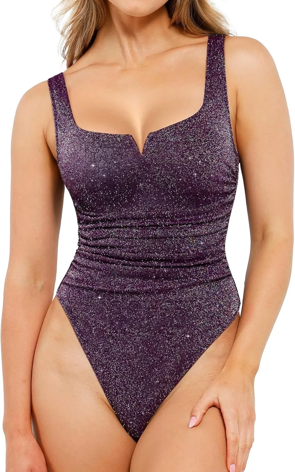 Popilush Sparkly Tops for Women - Square Neck Shapewear Bodysuit Tummy Control Sleeveless Body suit Going Out Tank Tops