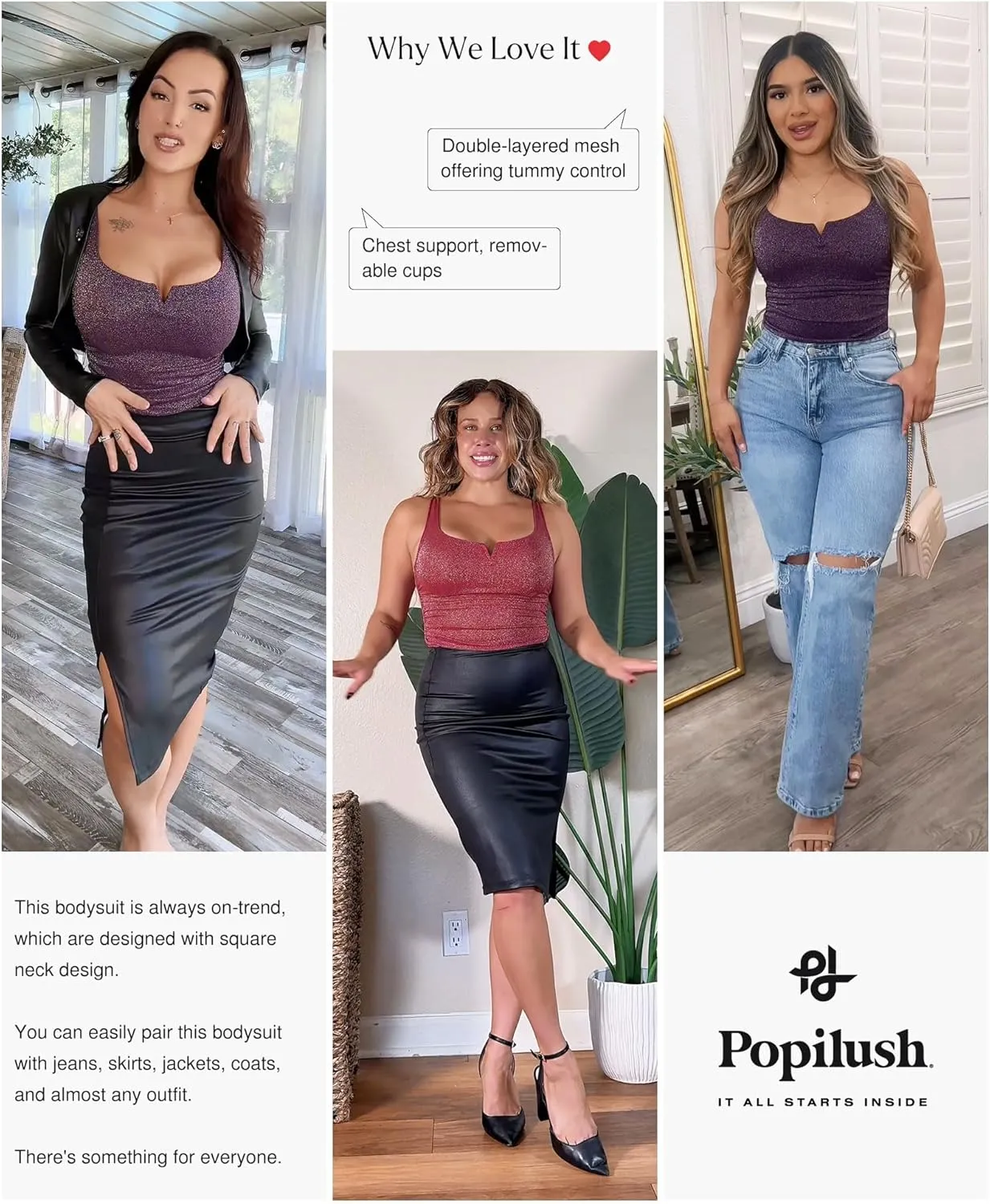 Popilush Sparkly Tops for Women - Square Neck Shapewear Bodysuit Tummy Control Sleeveless Body suit Going Out Tank Tops
