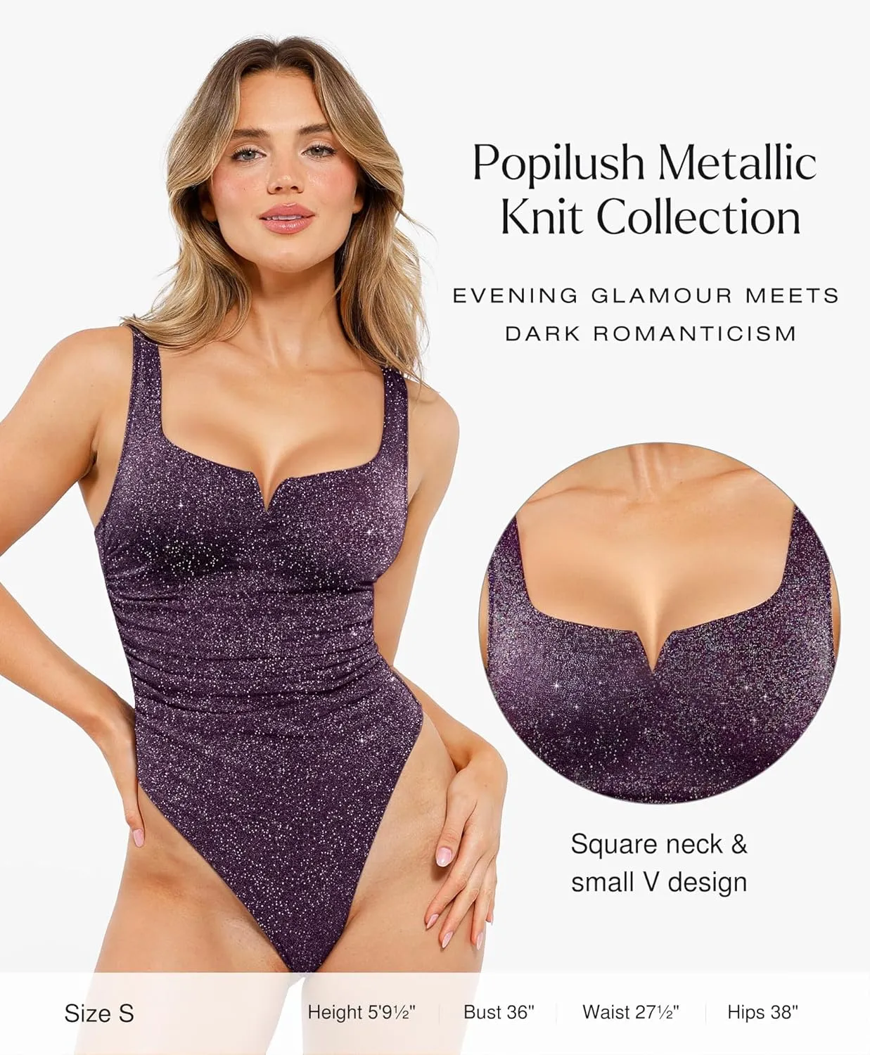 Popilush Sparkly Tops for Women - Square Neck Shapewear Bodysuit Tummy Control Sleeveless Body suit Going Out Tank Tops