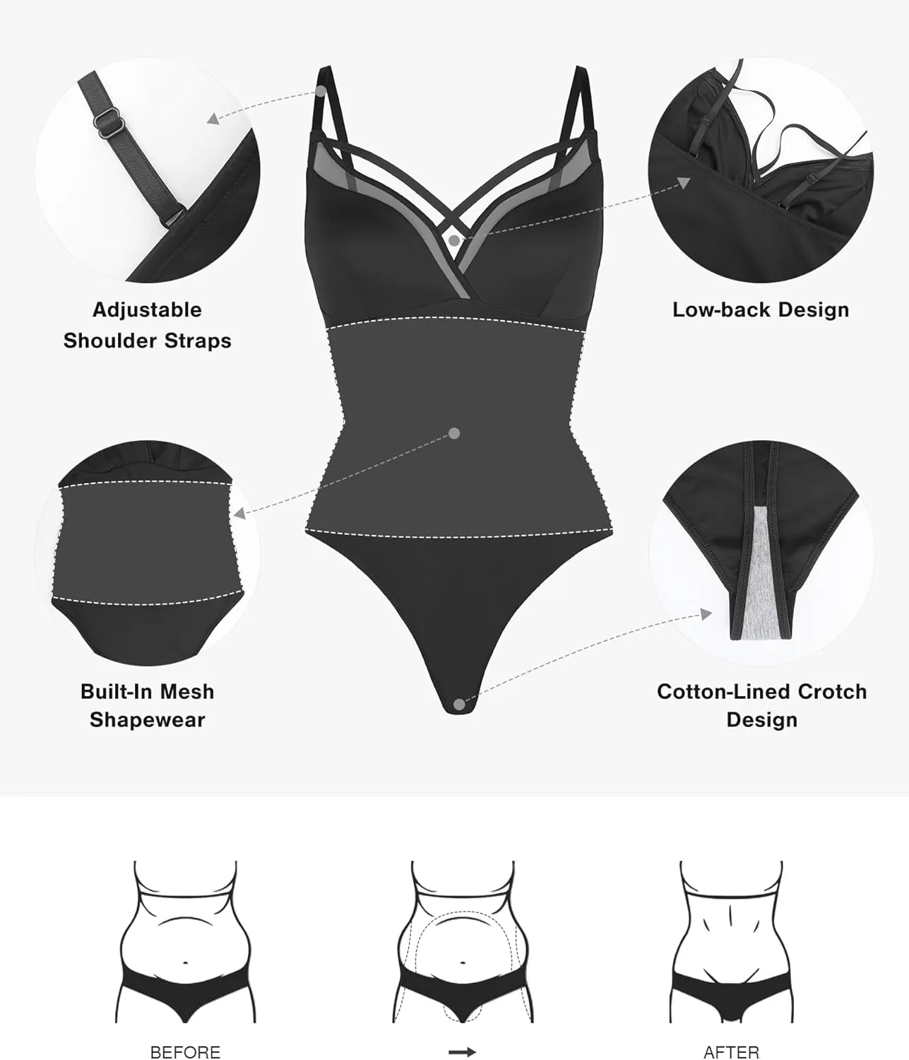 Popilush Women's Deep V Neck Bodysuit Sleeveless Criss Cross Tummy Control Shapewear Thong Body Suits Cami Tank