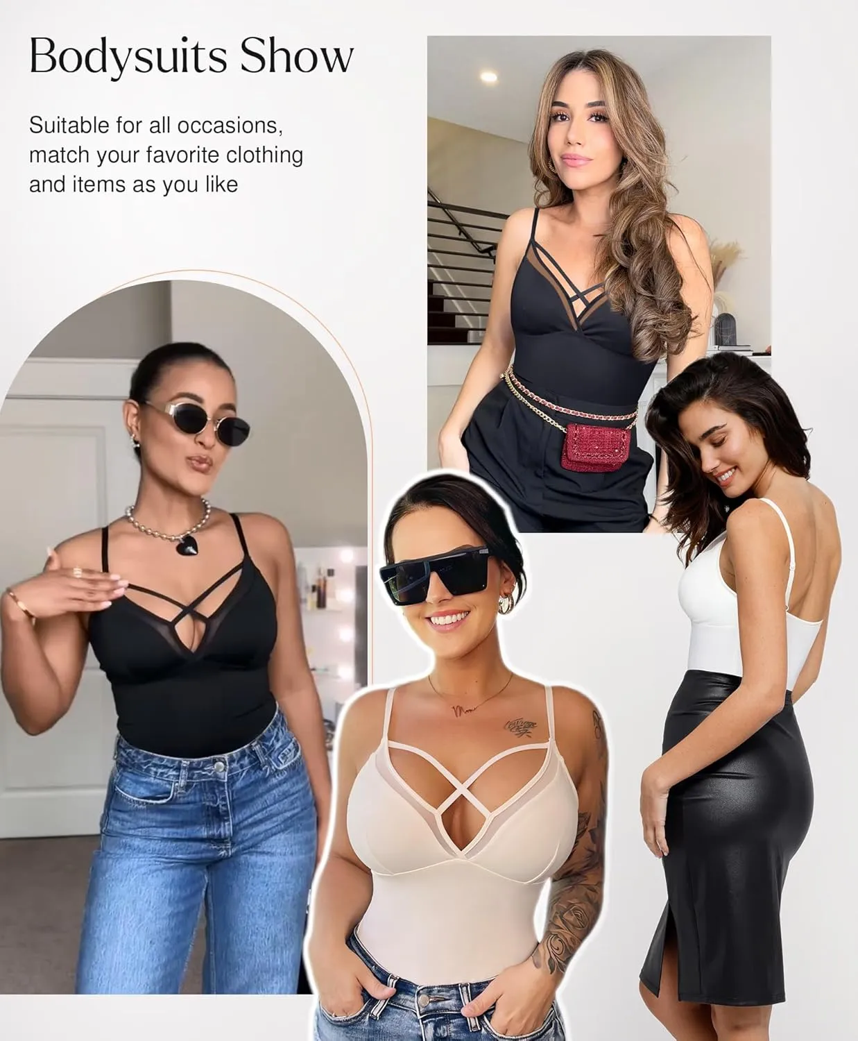 Popilush Women's Deep V Neck Bodysuit Sleeveless Criss Cross Tummy Control Shapewear Thong Body Suits Cami Tank