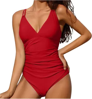 PTOLOCIF Thong Swimsuits for Women Ruched Tummy Control Square Neck Bathing Suits Full Coverage Swim Suits Sexy Swimwear