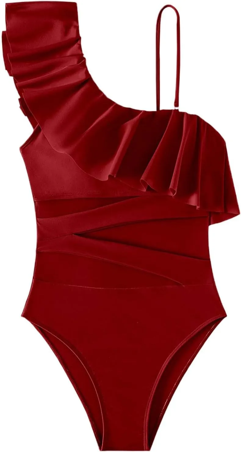 PTOLOCIF Women's One Piece Swimsuit Scoop Neck Cutout Back Self Tie Bathing Suit Cheeky Swimsuits High Cut Swimwear