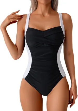 PTOLOCIF Women's One-Piece Swimsuits Push up Tummy Control Bathing Suits V Neck Cutout Modest Swim Suits 1 Piece Swimwear