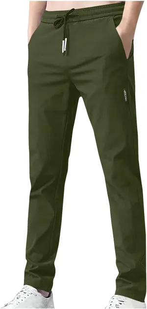 RKSTN Mens Fashion Spring Summer Pants with Pockets Drawstring Elastic Waist Trousers Slim Ice Silk Casual Long Pant