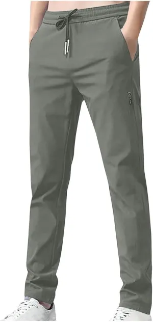 RKSTN Mens Fashion Spring Summer Pants with Pockets Drawstring Elastic Waist Trousers Slim Ice Silk Casual Long Pant