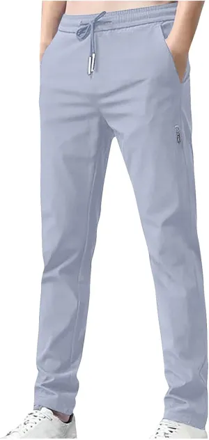 RKSTN Mens Fashion Spring Summer Pants with Pockets Drawstring Elastic Waist Trousers Slim Ice Silk Casual Long Pant